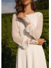 Long Sleeve Ivory Lace Chiffon V Back Wedding Dress